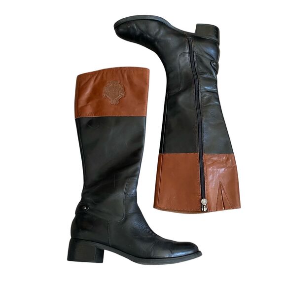 Etienne Aigner Equestrian Riding Boots 7.5M/37.5 Black Brown Leather Knee High - Picture 2 of 10